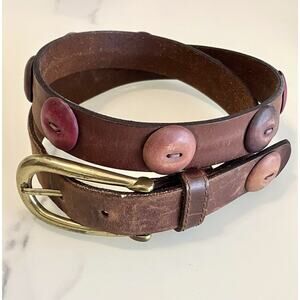 Vintage Brown Leather Belt Wood Button Concho Accents Boho Hippie Folk Art